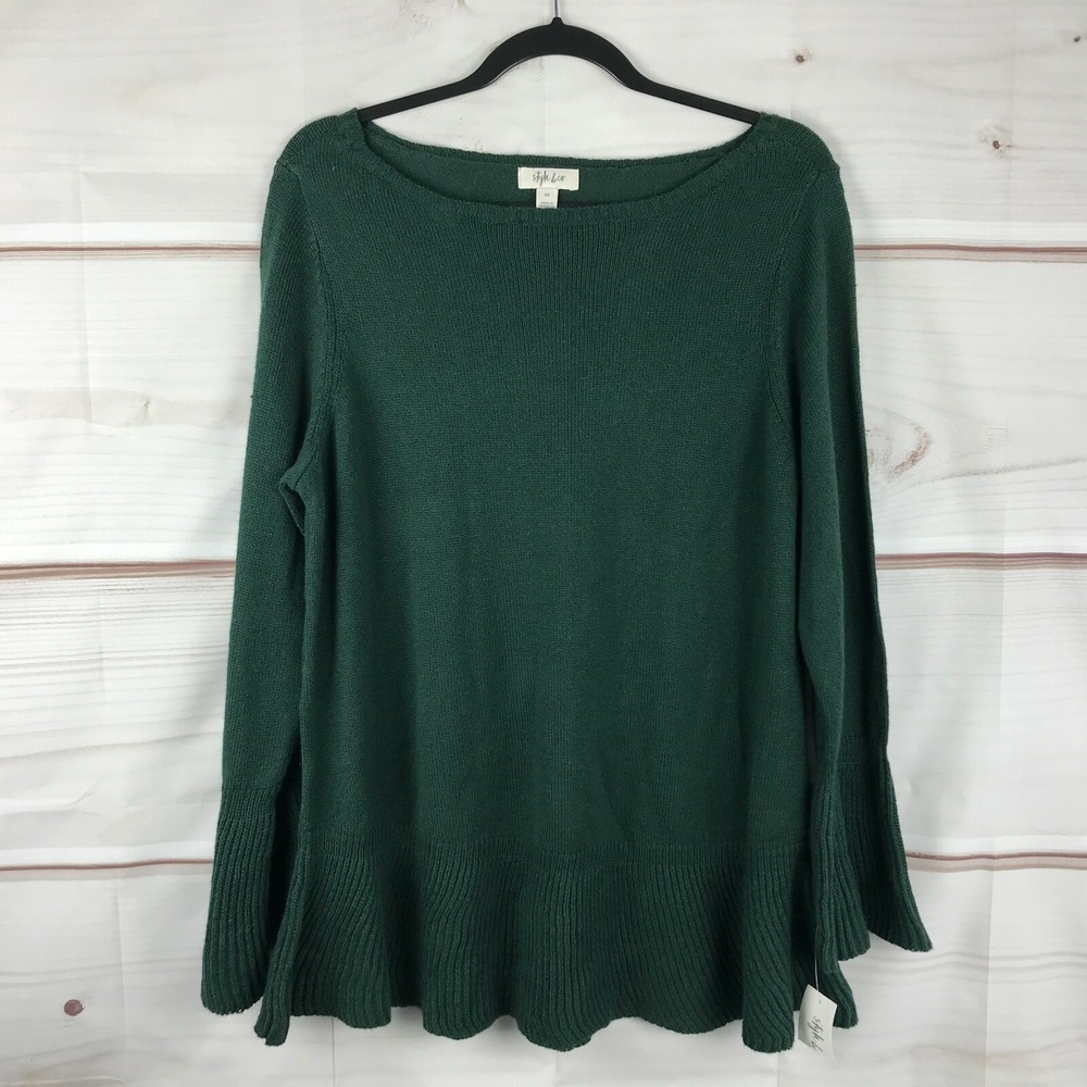 Style&Co Sweater Womens 0X Green Ruffle Trim Pullover Boat Neck Long Sleeve Knit